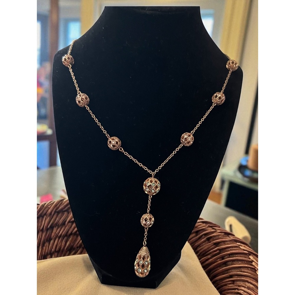 Vintage 70s Gold Tone Y Necklace Dangle Teardrop Filigree Beads Crystal‎ Accents
